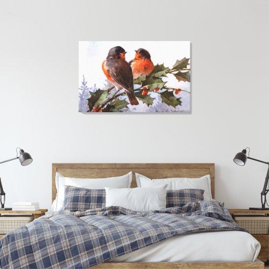 Catherine Klein: Robins op Holly Canvas Afdruk (Insitu (Slaapkamer))