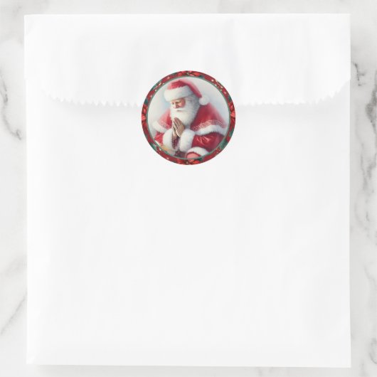 Catholic Christmas Santa with Rosary Poinsettias Ronde Sticker (Tas)