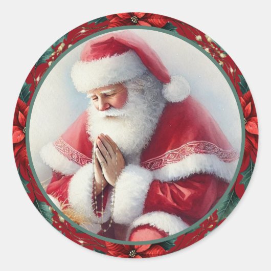 Catholic Christmas Santa with Rosary Poinsettias Ronde Sticker (Voorkant)