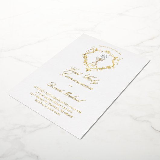 catholic first communion chalice crest folie uitnodiging (Gedraaid)