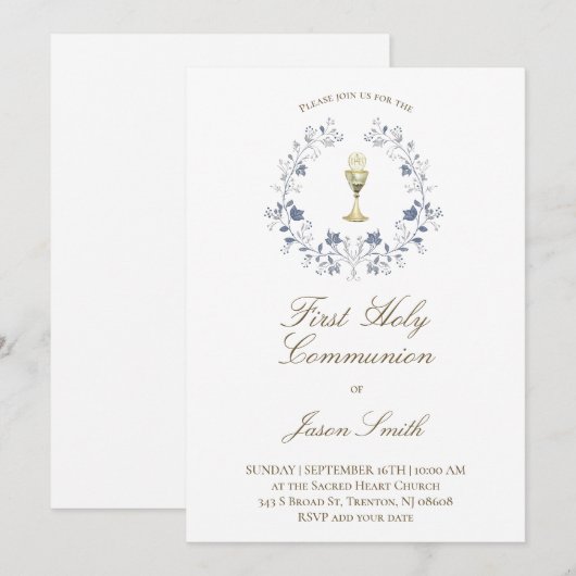 catholic first communion chalice elegant blue  kaart (Voorkant / Achterkant)