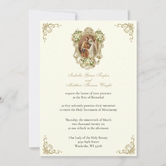 CATHOLIC FLORAL GOLD  BETROTHAL INVITATIONS KAART (Voorkant)