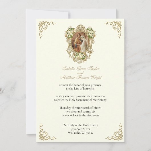 CATHOLIC FLORAL GOLD BETROTHAL INVITATIONS KAART (Voorkant)