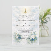 Catholic Gold Crucifix Blue and White Floral  Kaart (Staand voorkant)