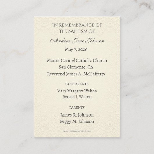 Catholic Marian Baptism Remembrance  Informatiekaartje (Achterkant)
