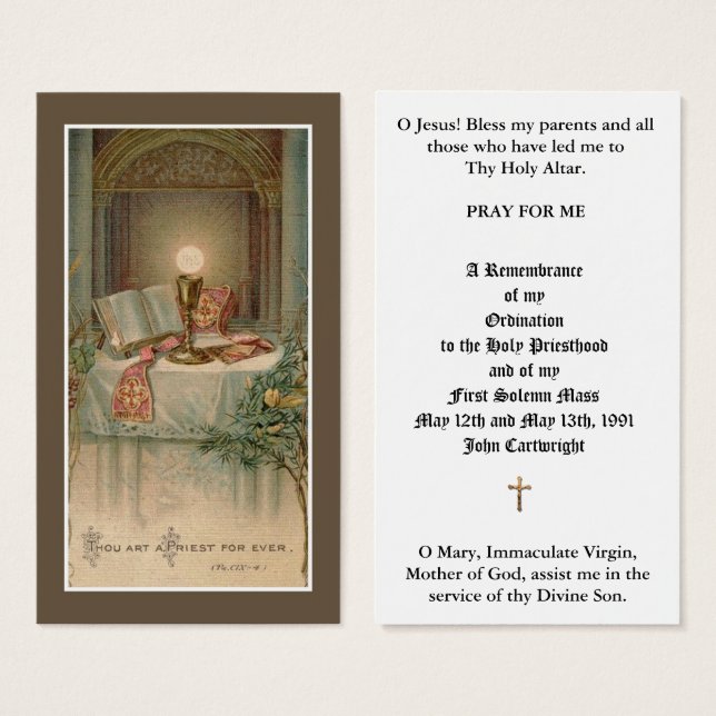 CATHOLIC PRIEST ORDINATION ALTAR, HOST, HOLY KAART (Voorkant /achterkant)