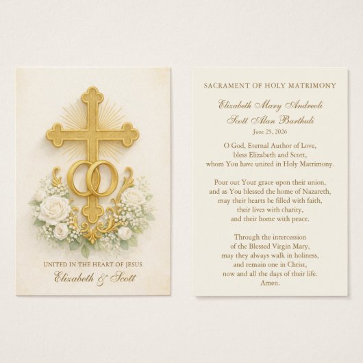 Catholic Wedding Prayer Card  Gold Cross Visitekaartje (Voorkant /achterkant)