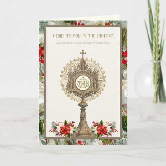 Catholic with Gold Monstrance Poinsettias Photo Feestdagen Kaart (Voorkant)