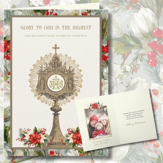 Catholic with Gold Monstrance Poinsettias Photo Feestdagen Kaart