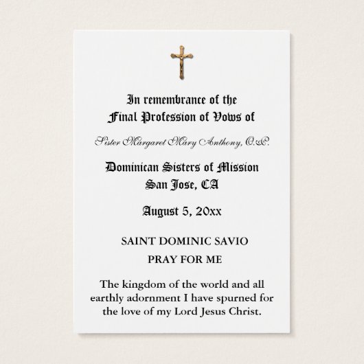 CATHOLIE NUN PROFESSIE VAN STEMMEN HOLY KAART (Achterkant)