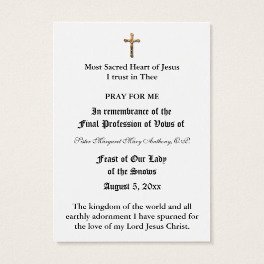 CATHOLIE NUN PROFESSIE VAN STEMMEN HOLY KAART (Achterkant)