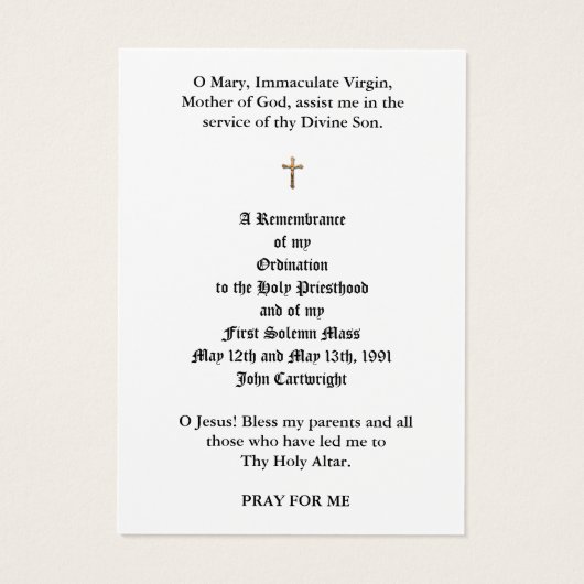 CATHOLIEKE PRIEST ORDINATION HOLY KAARTEN VISITEKAARTJE (Achterkant)