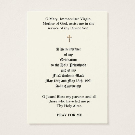 CATHOLIEKE PRIEST ORDINATION HOLY KAARTEN VISITEKAARTJE (Achterkant)