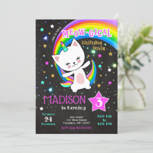 Caticorn Birthday Invitation, Cat Rainbow Kaart