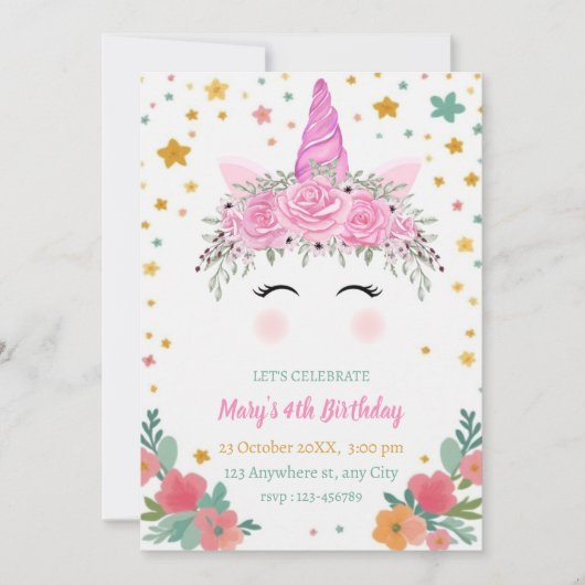 Caticorn Birthday Invitation cati corn invite Kaart (Voorkant)