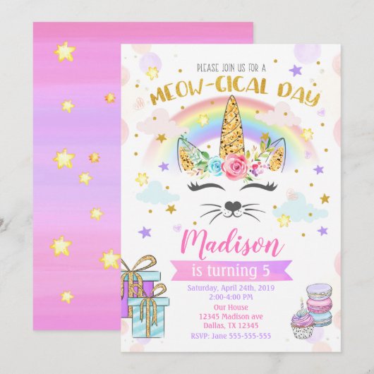 Caticorn Birthday Invitation, Magical Unicorn Cat Kaart (Voorkant / Achterkant)