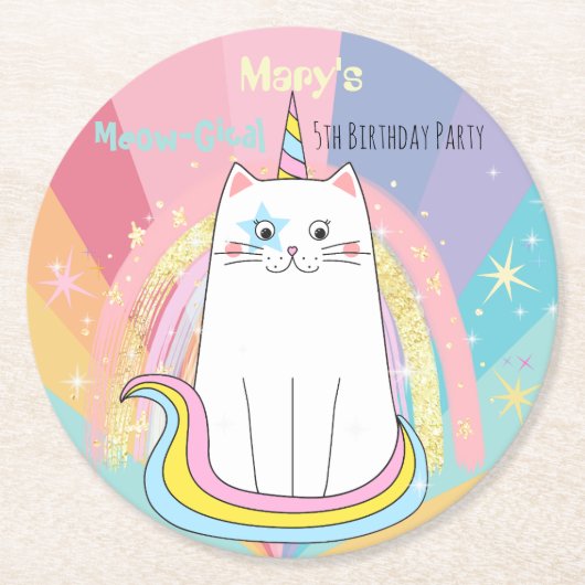 Caticorn kat Meow-Gical Birthday Kind Ronde Kartonnen Onderzetter (Voorkant)