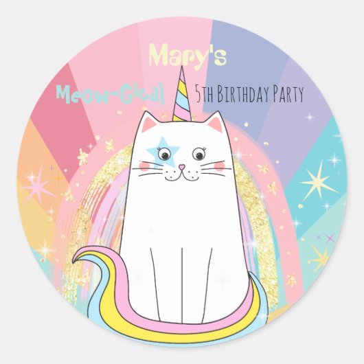 Caticorn kat Meow-Gical Birthday Kind Ronde Sticker (Voorkant)