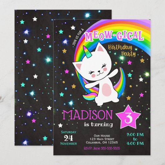 Caticorn Verjaardag Uitnodiging, Cat Rainbow Kaart (Voorkant / Achterkant)