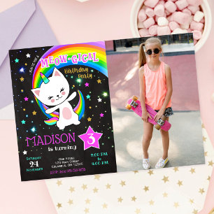 Caticorn verjaardagsuitnodiging, Kat Regenboog Fot Kaart