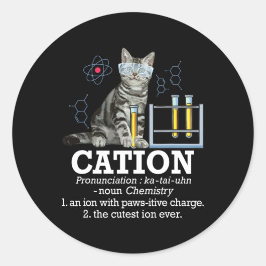 Cation - Funny Chemistry Humor Science Teacher Cat Ronde Sticker (Voorkant)