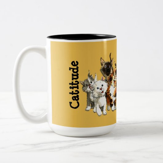 Catitude Cute Kitty Cats Yellow Coffee Mok (Links)