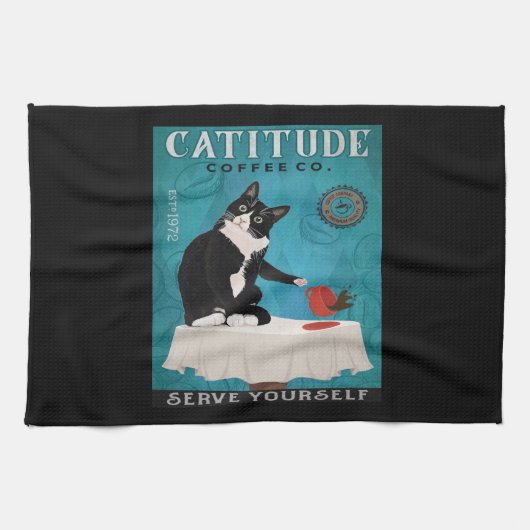 Catitude Tuxedo Cat Coffee Company Funny Tuxedo Theedoek (Horizontaal)