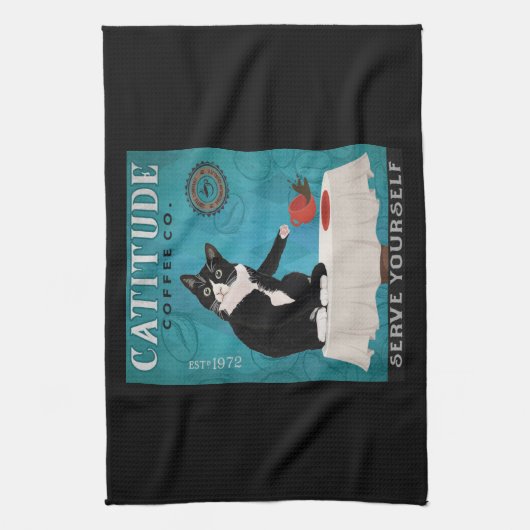 Catitude Tuxedo Cat Coffee Company Funny Tuxedo Theedoek (Verticaal)