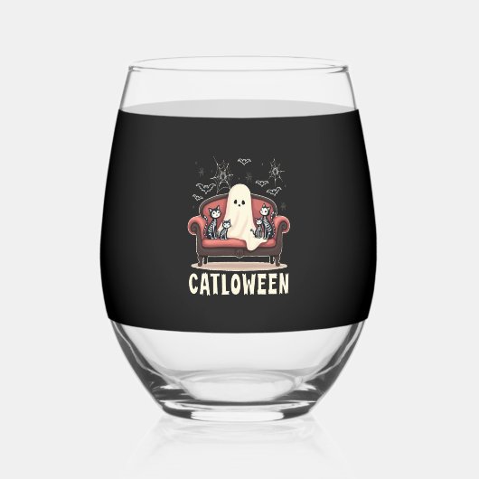 Catloween Ghost Halloween Wijnglas Zonder Voet (Voorkant)