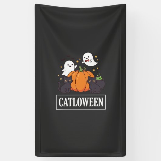 Catloween Grappig Halloween Kat Geest Pompoen Ontw Spandoek (Verticaal)
