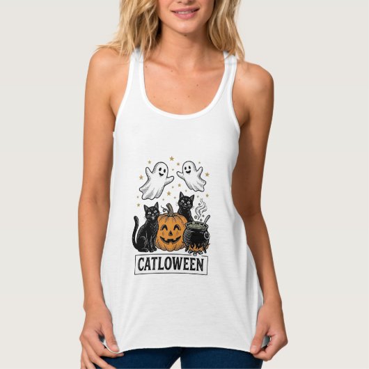 Catloween Vintage Ghost Cat Halloween Shirt Ontwer (Voorkant)