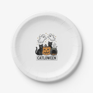 Catloween Vintage Ghost Cat Halloween Shirt Ontwer Papieren Bordje