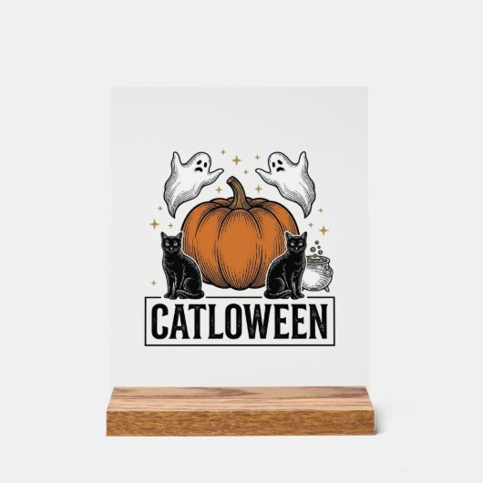 Catloween Zwarte Kat Geest Halloween Vector Ontwer Acryl Bord (Voorkant)