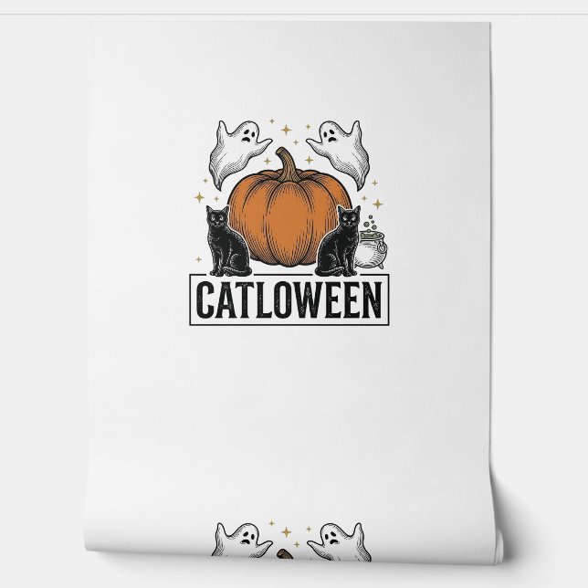 Catloween Zwarte Kat Geest Halloween Vector Ontwer Behang (Afrollen)