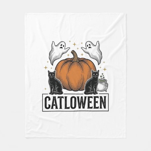 Catloween Zwarte Kat Geest Halloween Vector Ontwer Fleece Deken (Voorkant)