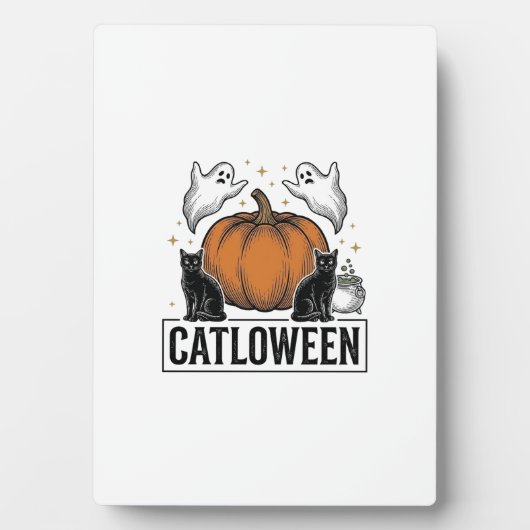 Catloween Zwarte Kat Geest Halloween Vector Ontwer Fotoplaat (voorkant)