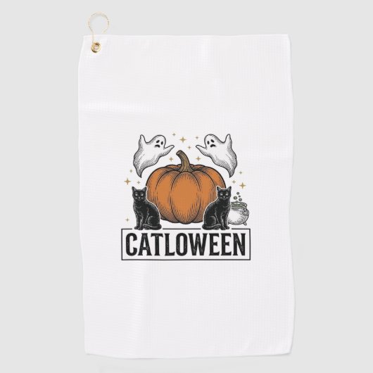 Catloween Zwarte Kat Geest Halloween Vector Ontwer Golfhanddoek (Voorkant)