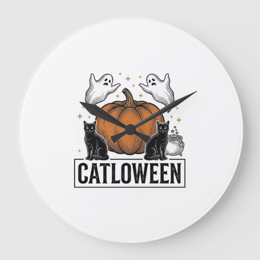 Catloween Zwarte Kat Geest Halloween Vector Ontwer Grote Klok (Voorkant)
