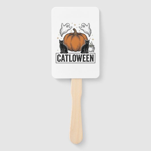 Catloween Zwarte Kat Geest Halloween Vector Ontwer Handwaaier (Voorkant)