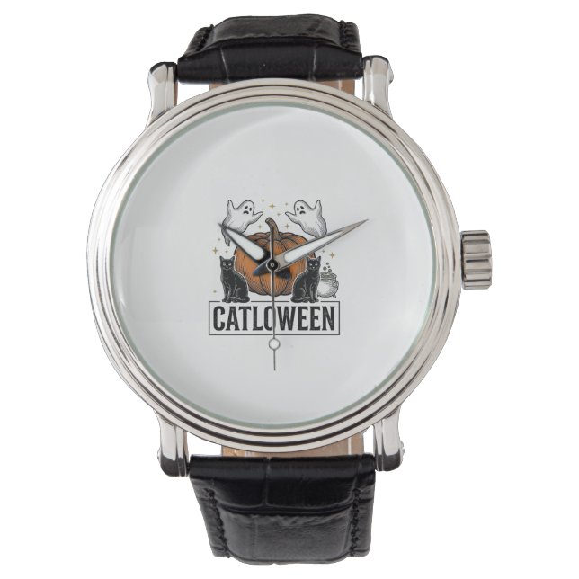 Catloween Zwarte Kat Geest Halloween Vector Ontwer Horloge (Voorkant)