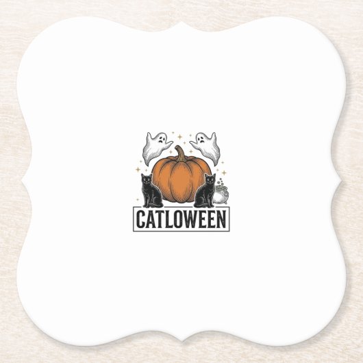 Catloween Zwarte Kat Geest Halloween Vector Ontwer Kartonnen Onderzetters (Voorkant)