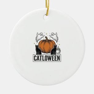Catloween Zwarte Kat Geest Halloween Vector Ontwer Keramisch Ornament