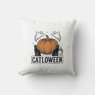 Catloween Zwarte Kat Geest Halloween Vector Ontwer Kussen