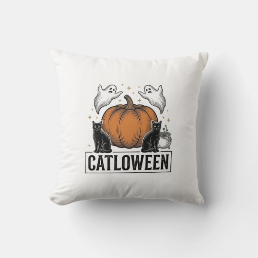 Catloween Zwarte Kat Geest Halloween Vector Ontwer Kussen (Voorkant)