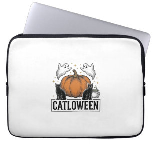 Catloween Zwarte Kat Geest Halloween Vector Ontwer Laptop Sleeve