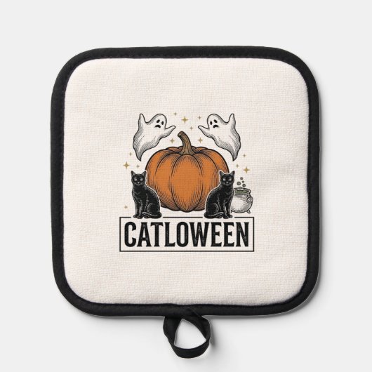 Catloween Zwarte Kat Geest Halloween Vector Ontwer Pannenlap (Voorkant)