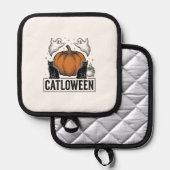 Catloween Zwarte Kat Geest Halloween Vector Ontwer Pannenlap (Voorkant / Achterkant)