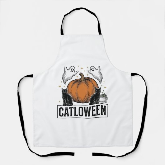 Catloween Zwarte Kat Geest Halloween Vector Ontwer Schort (Voorkant)