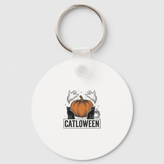 Catloween Zwarte Kat Geest Halloween Vector Ontwer Sleutelhanger (Voorkant)
