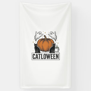 Catloween Zwarte Kat Geest Halloween Vector Ontwer Spandoek